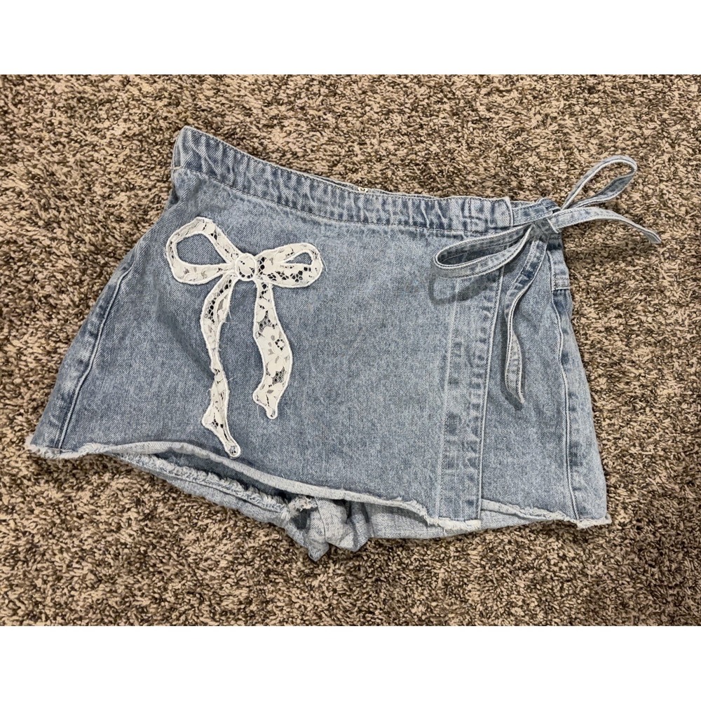 Altar’d State Denim Jean Wrap Around Mini Skort Lace Bow Side Tie Women’s M